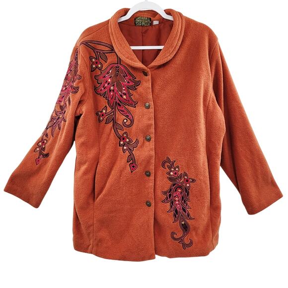 Vintage Bob Mackie Wearable Art Orange Embroidered Fleece Jacket Women's Size L - Picture 1 of 11